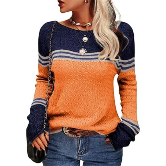 Women’s Colorblock Pullover Sweater: Slim Fitting Striped Knitwear Top - Picture 6 of 6